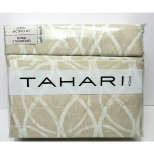Tahari QUEEN 6pc Sheet Set Cottage Swirl Tan White